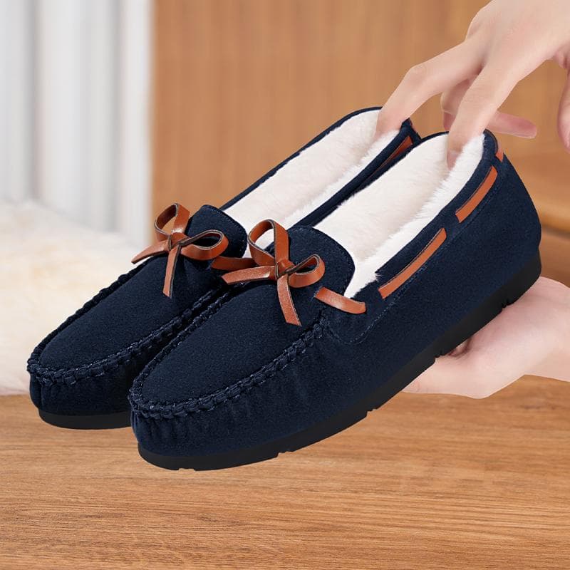 ドライビングシューズ ローファー もこもこ内ボア リボン付きモカシン